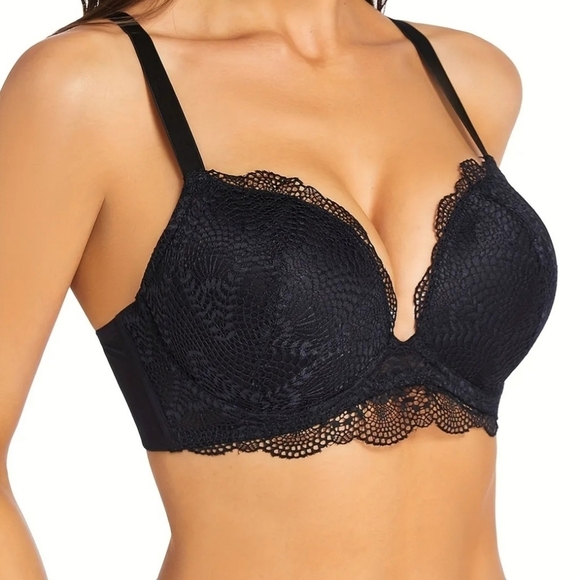 Black Scalloped detail Underwire Lace Underwire Push Up Padded Bra. 36C NWO - Picture 3 of 8